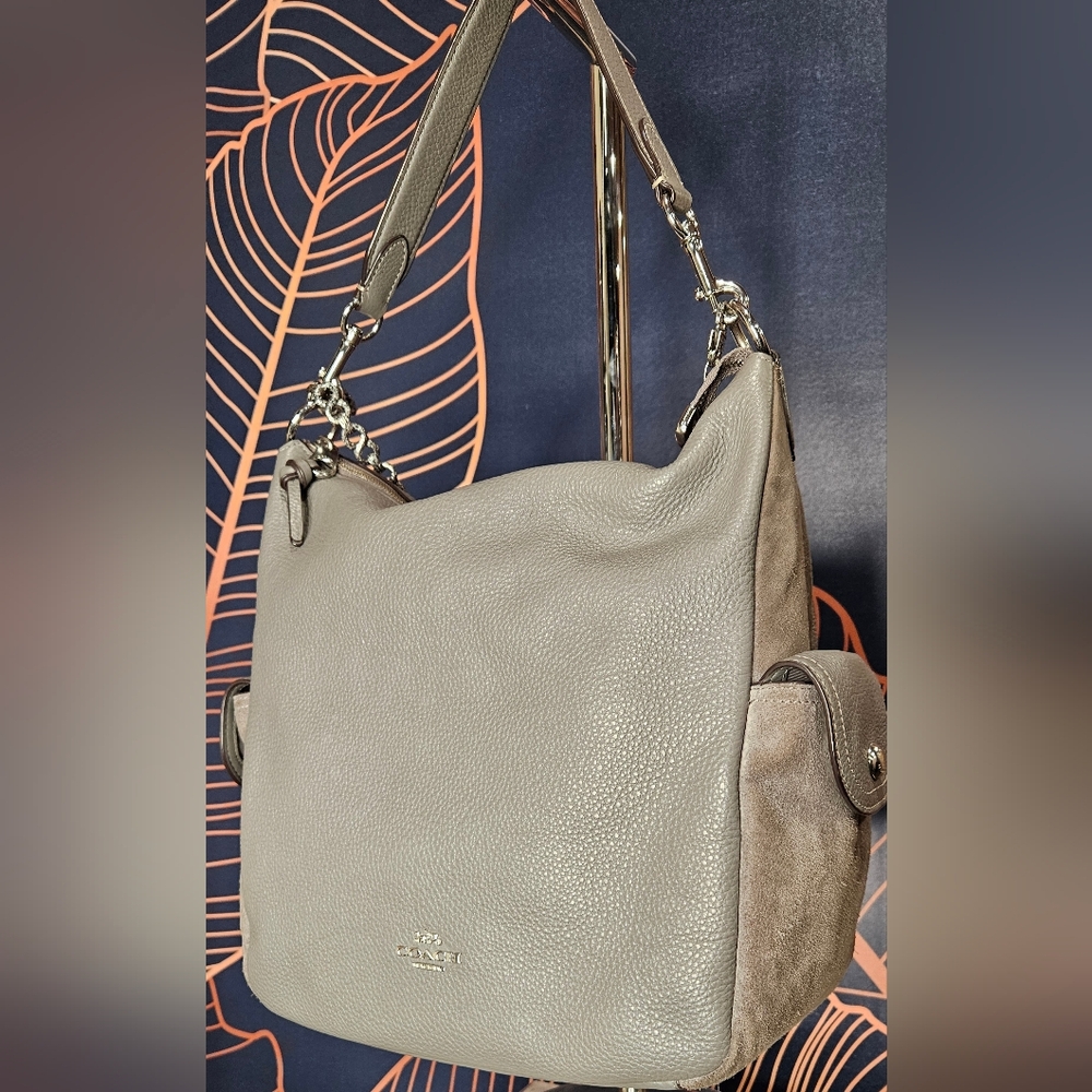 COACH 2021 PENNIE GRAY PEBBLED LEATHER AND SUEDE HOBO BAG